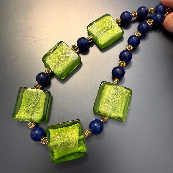 Vibrant Green Dark Blue Glass Beaded Artisan Collar Necklace - Picture 5 of 8